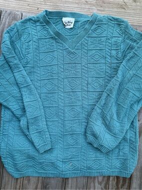 Vintage Teal V-Neck Textured Men's Sweater